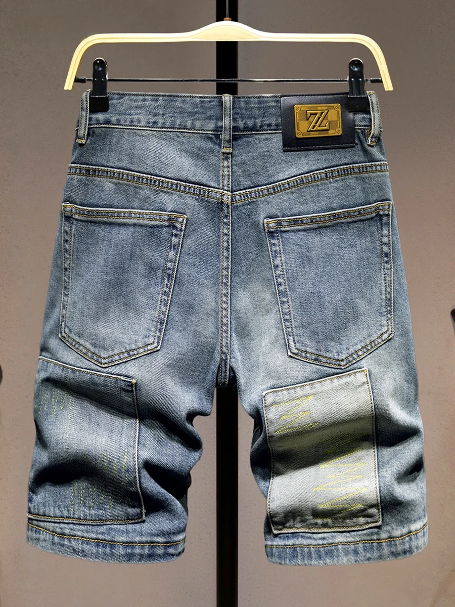 

Мужские джинсовые шорты премиум-класса с эффектом потертости, летние, модные, с пэчворком, средней длины, стильные, модные, укороченные.