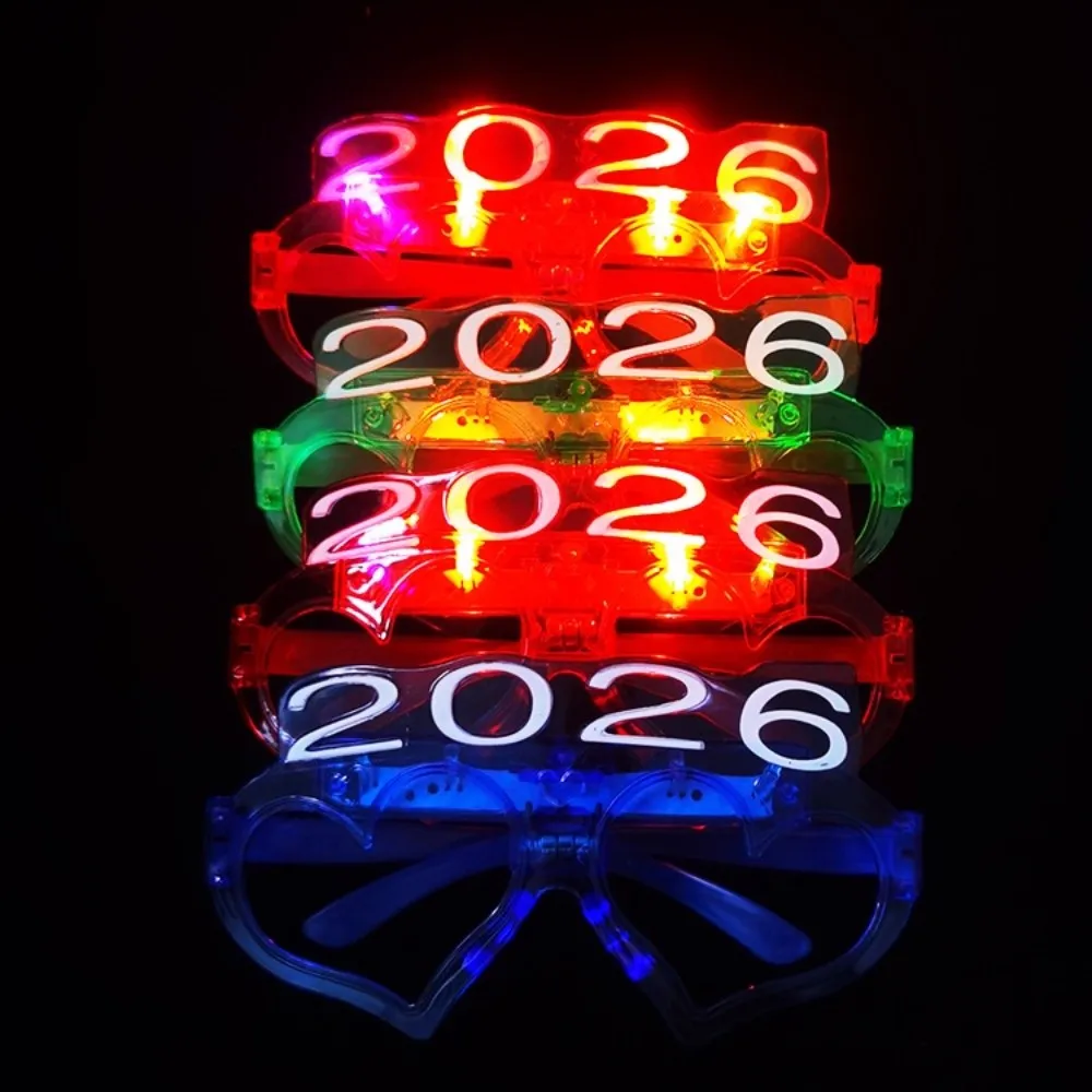 

LED Glow 2026New Year Glow Glasses Number Letter Photographic Ornaments 2026 LED Glow Glasses Colorful Square/Love Heart Shape