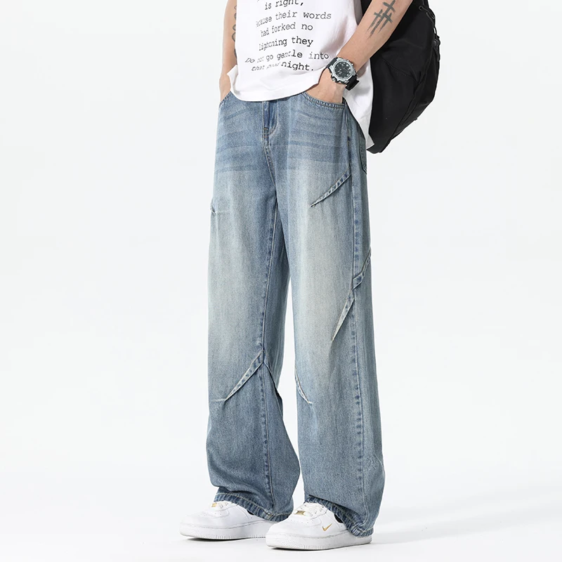 

Винтажные мятатые мужские джинсы, осенние новые модные прямые повседневные джинсовые брюки, свободная уличная одежда, мужские широкие брюки