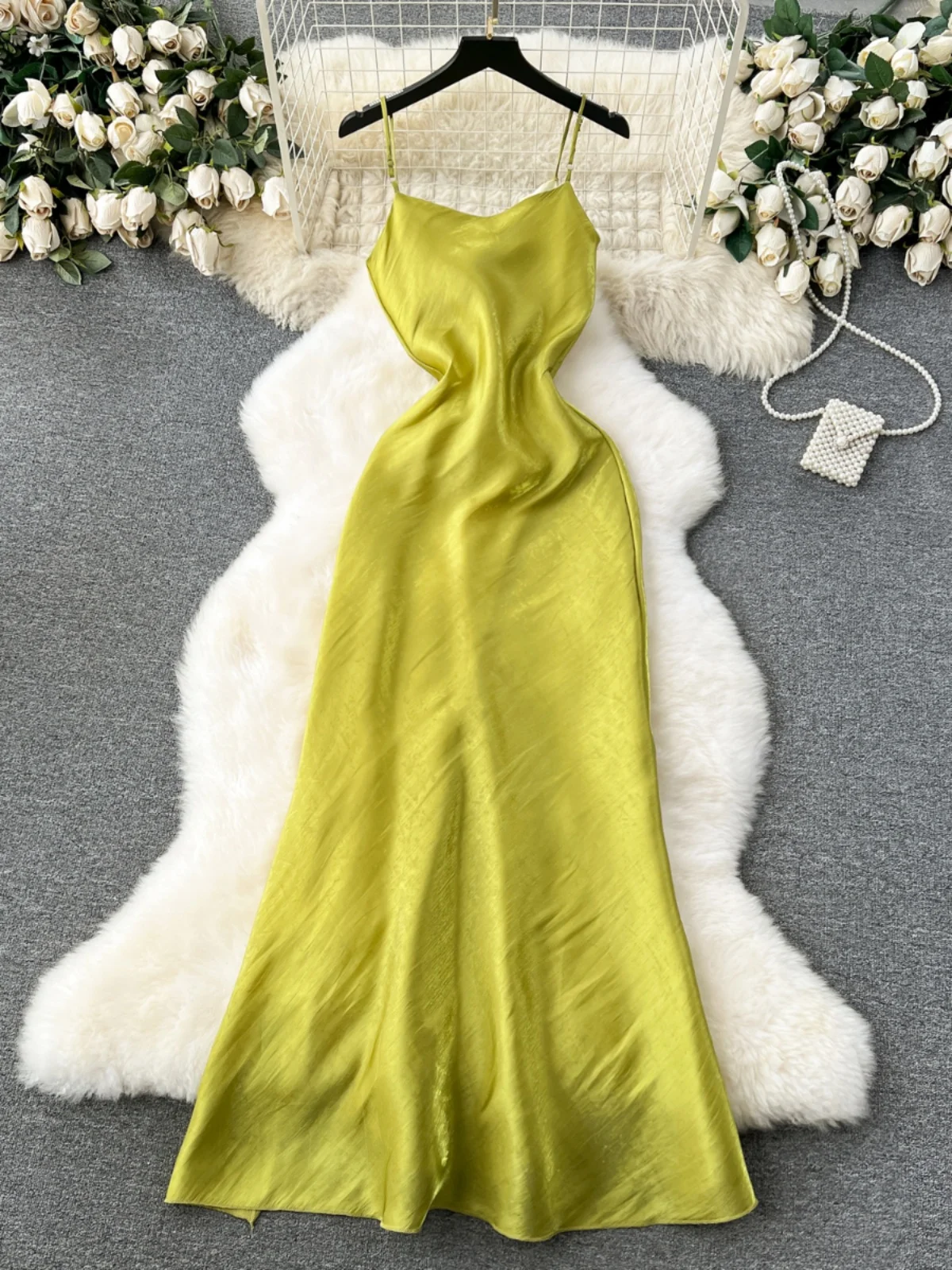 Ele Long Svel Knee-Length Women's Dr with Side Slit And Strap Korean Sle A-Line Gown for Commuting And beyond