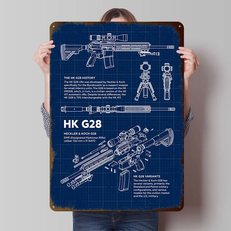 Heckler & Koch G28 Blaupausen-Poster, personalisierte Retro-Wandkunst, Vintage-Metallblechschilder für Wohnzimmerdekorationen, Haus