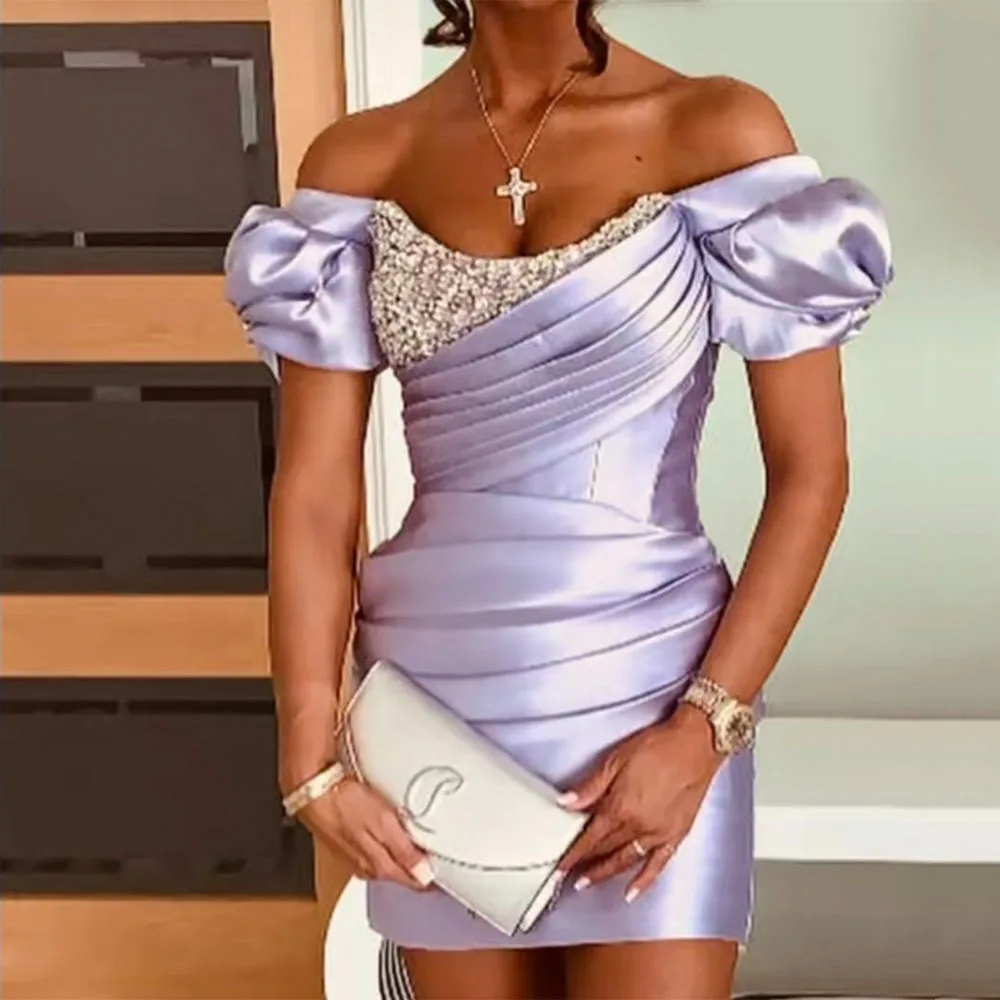 

Индивидуальный коктейльный наряд цвета лаванды: платье-футляр/колонна с открытыми плечами, короткими пышными рукавами, мини-платье из атласа с жемчугом для вечеринок