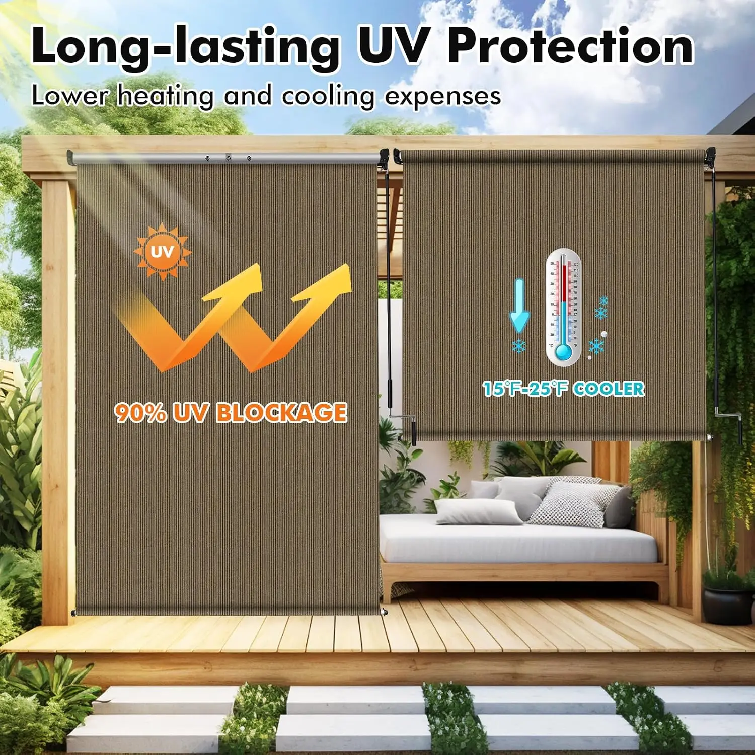 Patio Shades Roll Up Outdoor Roller Shade (10'Wx8'H), Cordless Exterior Roller Blinds Cloth for Porch Pergola Gazebo, Walnut