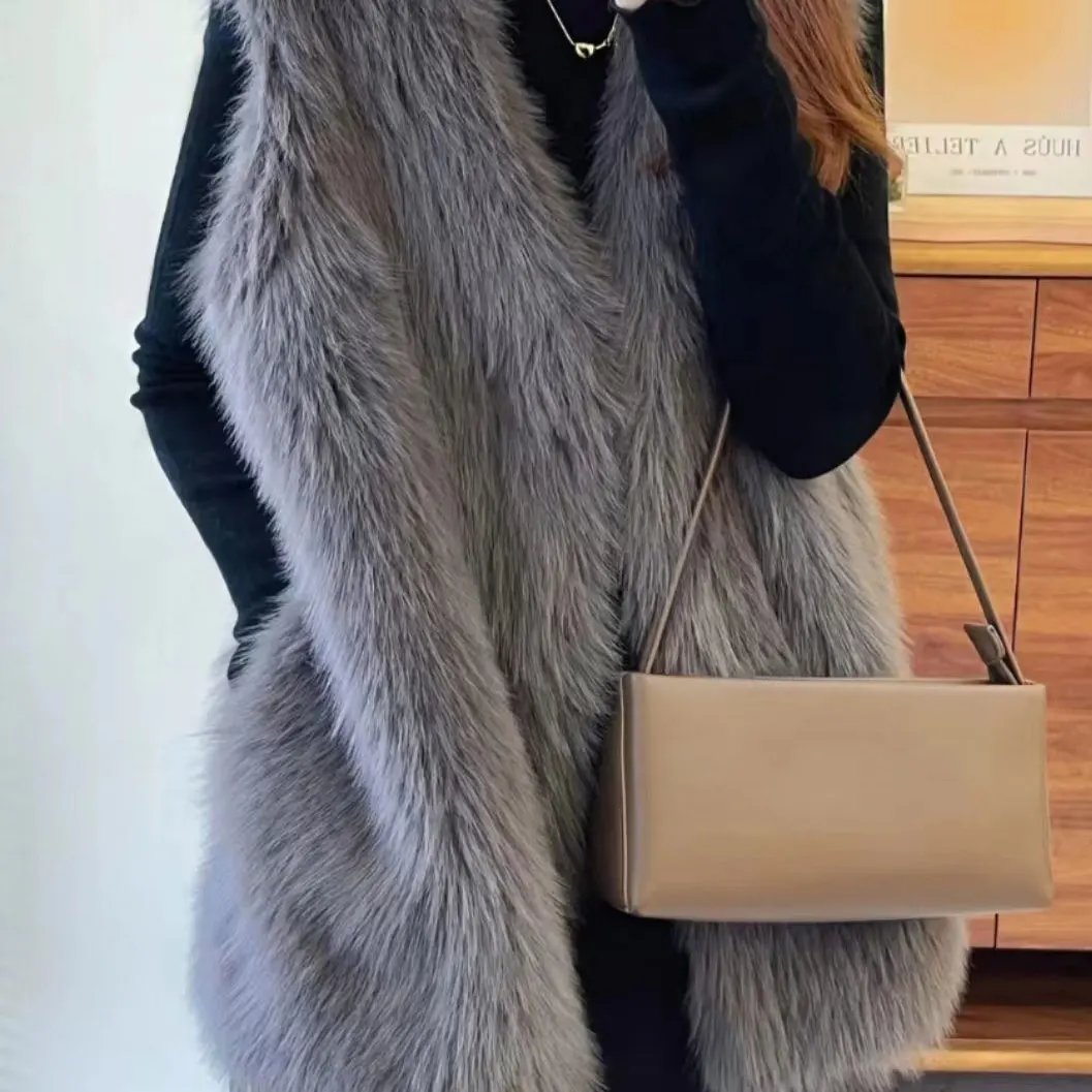 

Повседневный однотонный жилет из искусственного меха для женщин, без рукавов с v-образным вырезом, мягкий женский теплый утепленный меховой жилет, новинка зимы 2023 г.