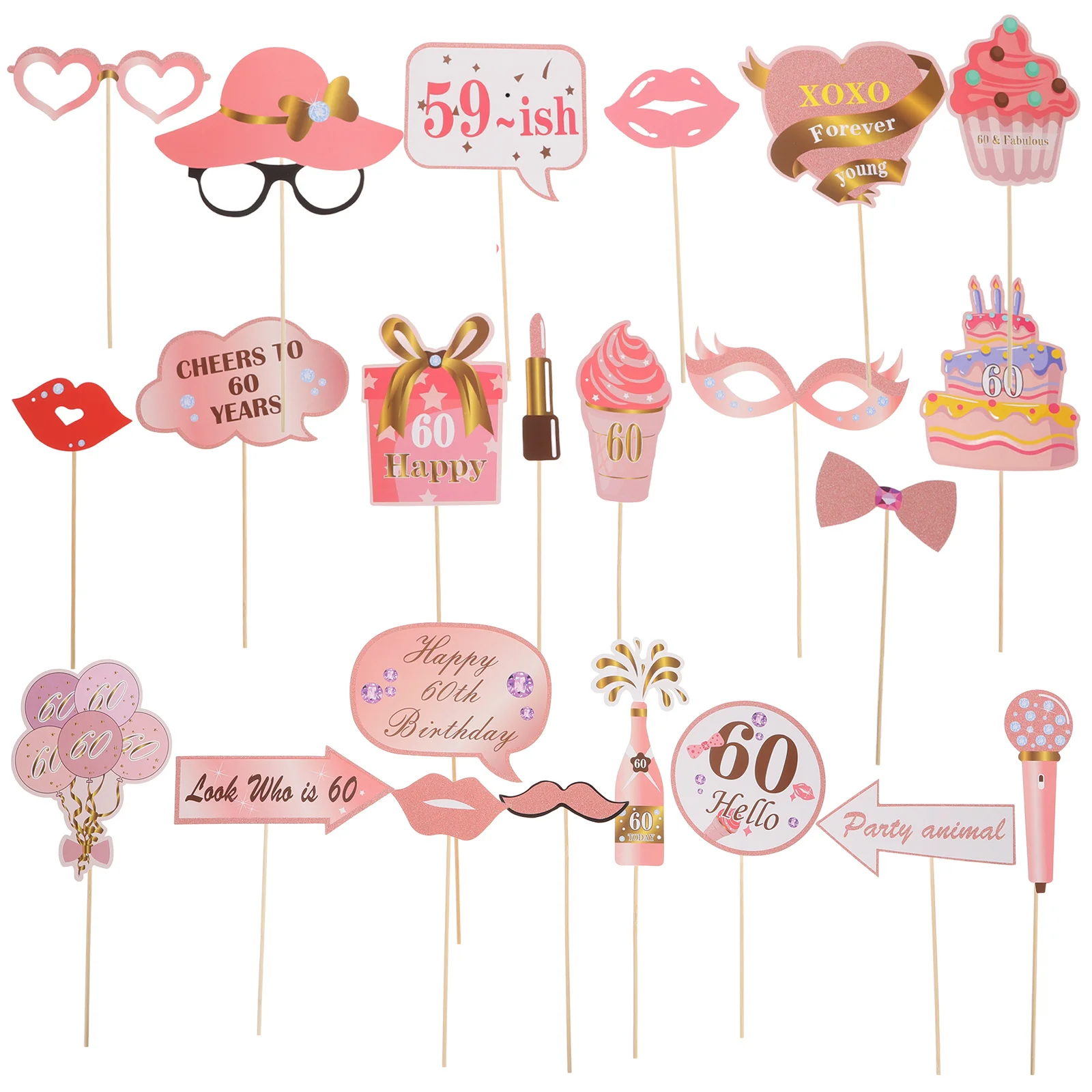

33Pcs 60th Birthday Photo Booth Props Rose Gold Decorations Creative Photo Accessories Birthday Accessories