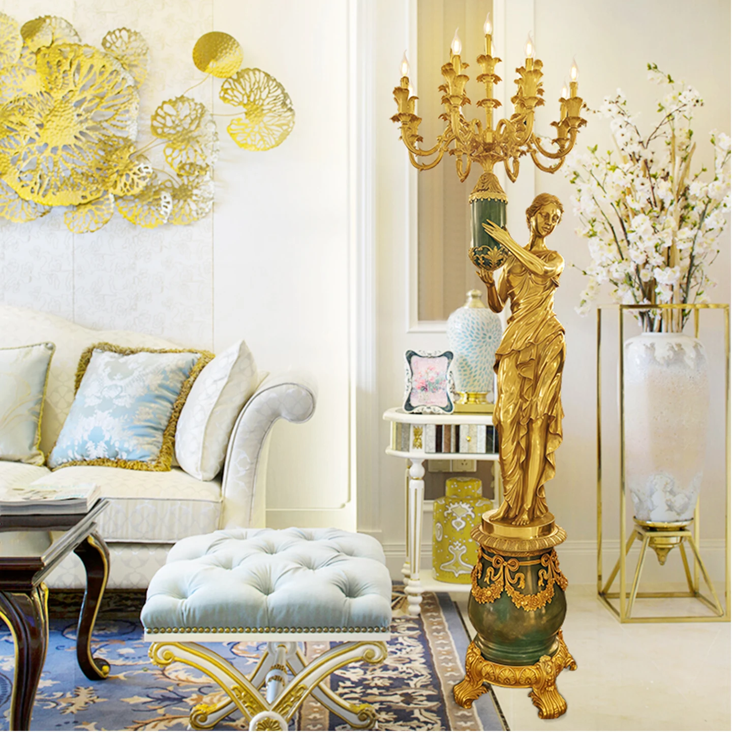 French Royal Retro Art Statue Of The Goddess Living Room Study Brass Floor Lamp Villa Church Decorative Candle Stand Lamp