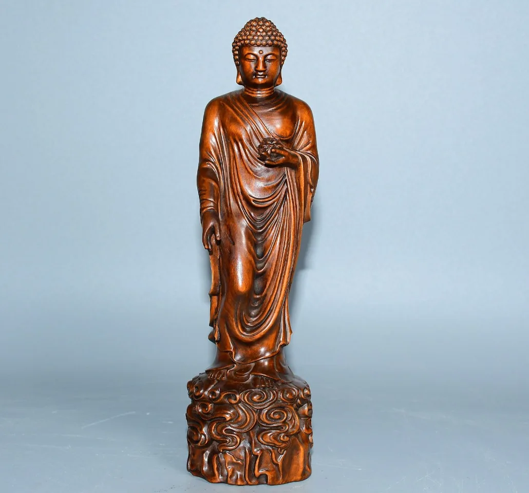 

9"Tibetan Temple Collection Old Boxwood Shakyamuni Standing Buddha Amitabha Lotus Platform Worship Hall Town house Exorcism