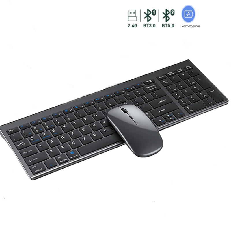 Bluetooth Keyboard Three-mode Silent Full-size Keyboard Set Multi-Device Rechargeable Keyboard and Mouse for Laptop PC