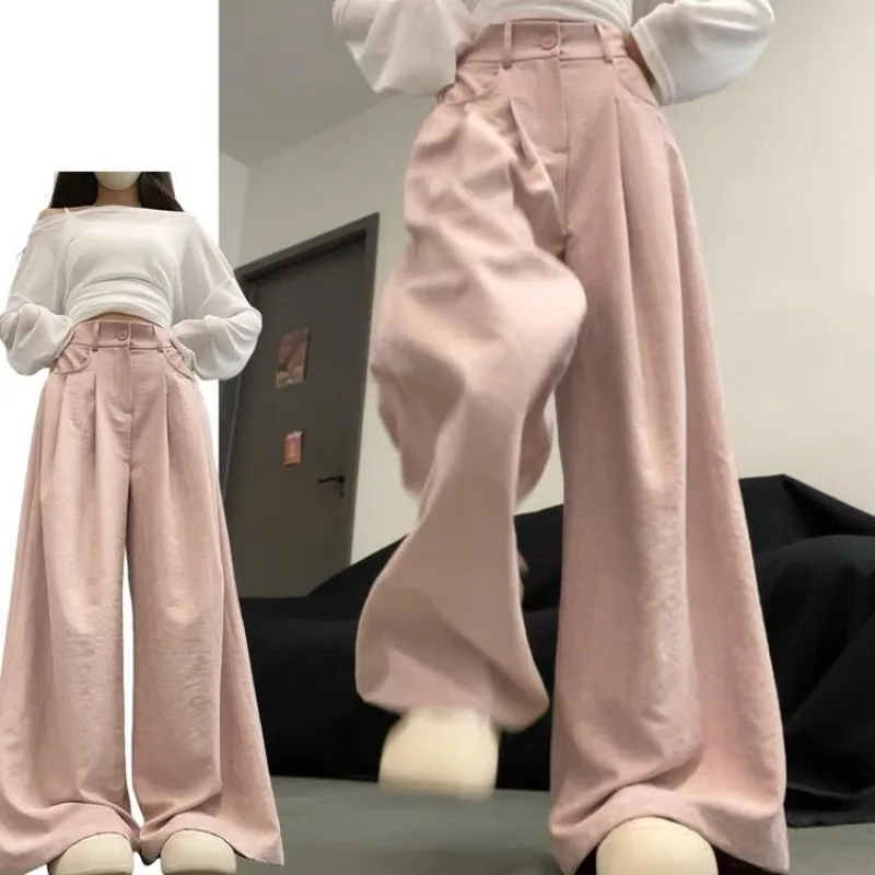 

Pink Suit Pants Women's Summer High Waist Drape Small Casual Texture Milk Fu Wide Leg Pants Tide Age Reduction Loose Trousers