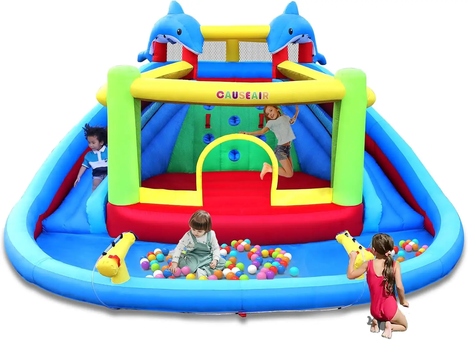 Inflatable Bounce House with Double Slide,Dolphin Styling,Splashing Pool,Double Water Cannon,Climbing Wall,Heavy Duty