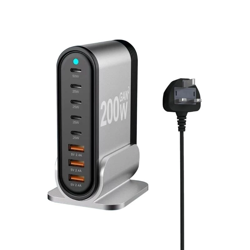 

SZ Type C USB Charger 200W Aluminum Alloy Stand Desktop Charging Dock Base with 8 Port for Phones, Laptops, and More
