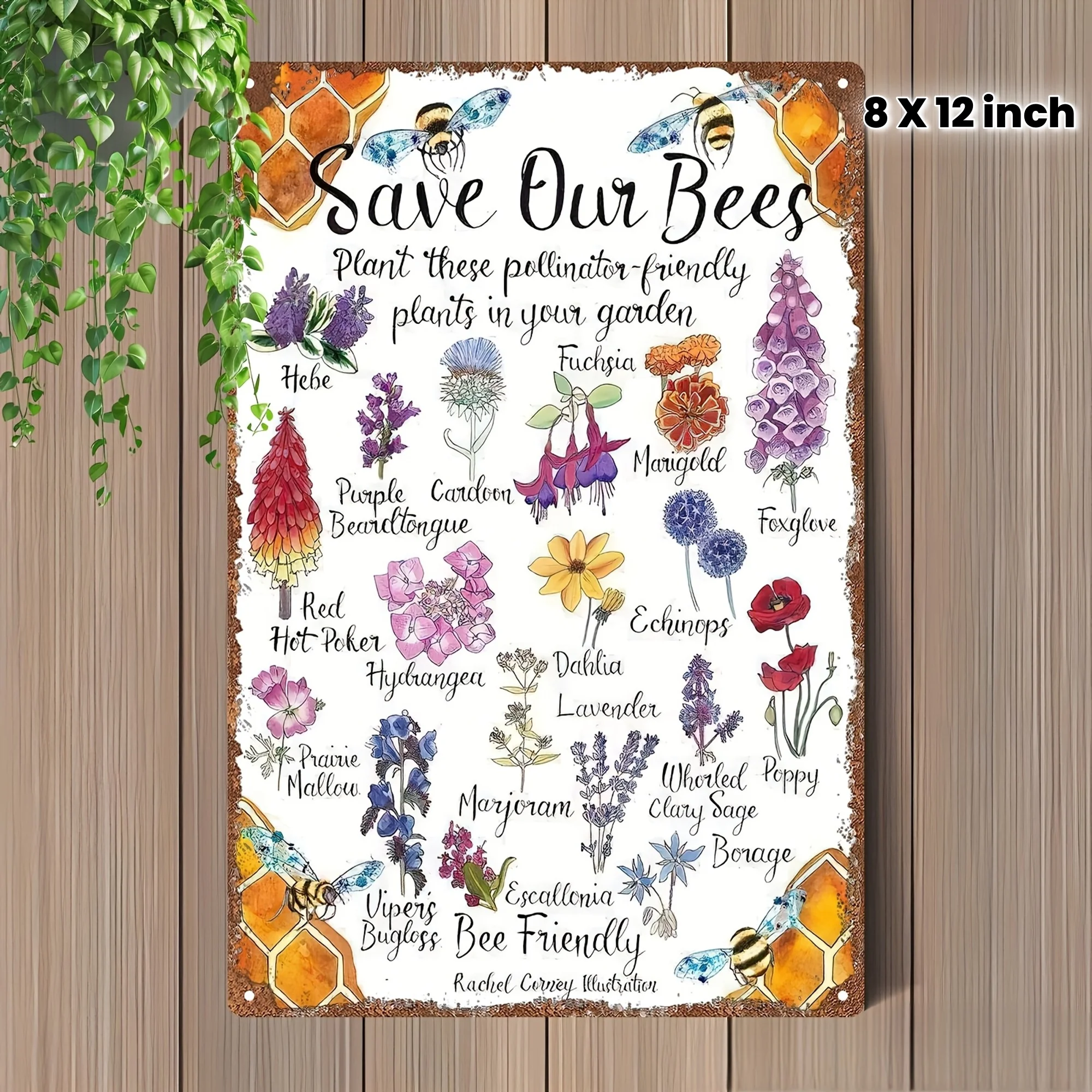 Bee-Friendly Garden Guide Metal Sign Outdoor Yard Decor with Vibrant Flower Illustrations, Retro Farmhouse Style for Home