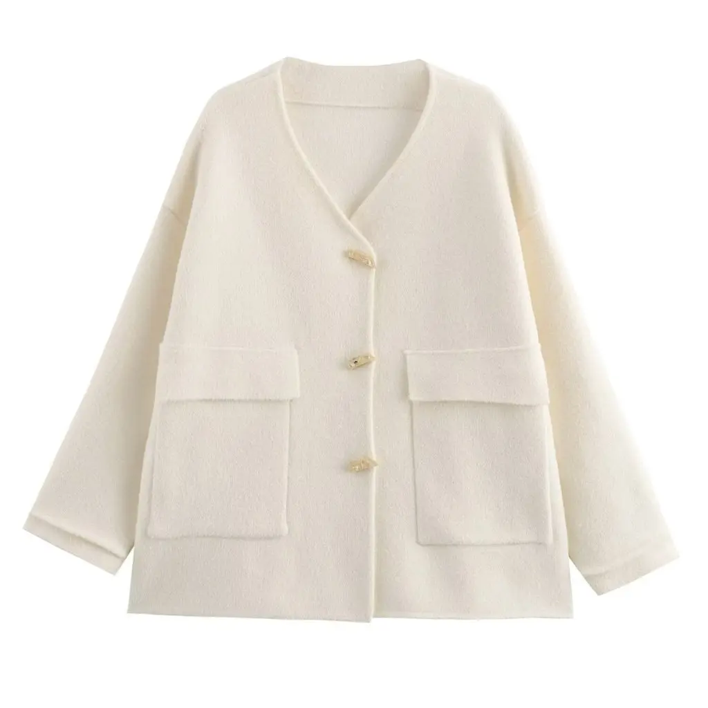 

Women's V-neck Double-breasted Sweater Autumn Loose Style with Large Pockets Inspired European American Fashion
