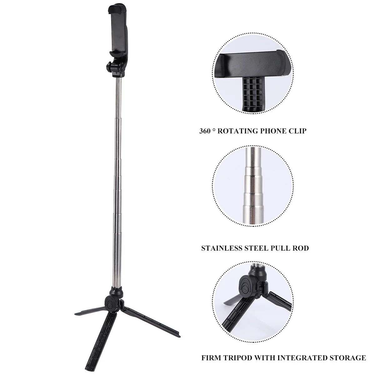 

2 In 1 Selfie Stick Tripod For Phone 76Cm Height Adjustable Portable Wireless Rotation Stand Holder For Photography