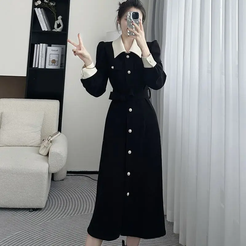 

Small Fragrant Wind Flesh Covering Long Sleeved Dress With Stylish Slim Fit High End Shirt Collar Single Breasted Unique