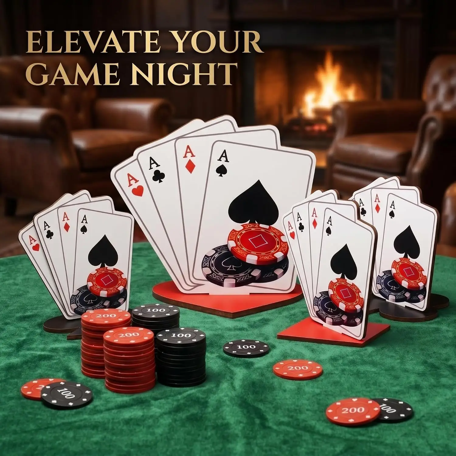 Wooden Casino Centerpieces 4 Sets 10 Poker Chips Party Table Decorations Gambling Night Supplies