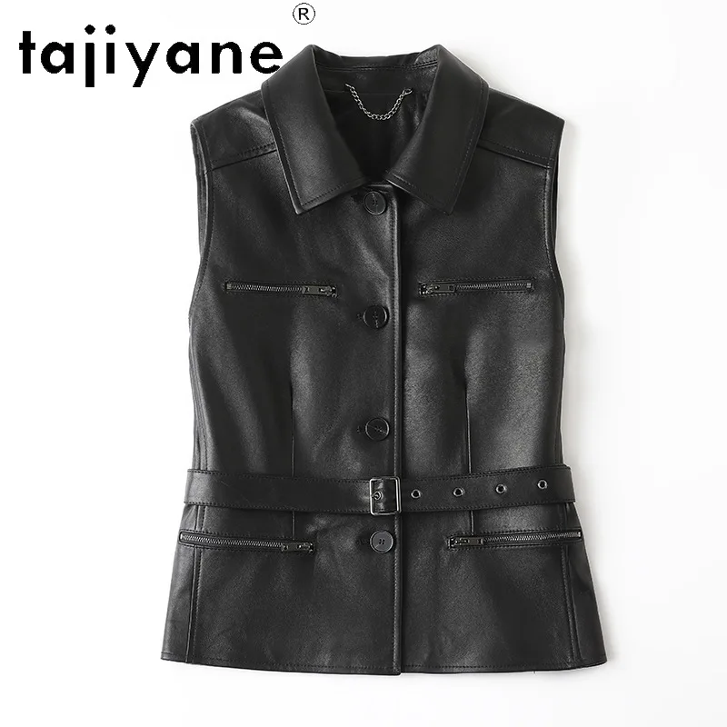 TAJIYANE Genuine Leather Jacket Women Sleeveless Leather Coat Semi Vegetable Tanned Sheepskin Black Biker Jackets Veste Femme