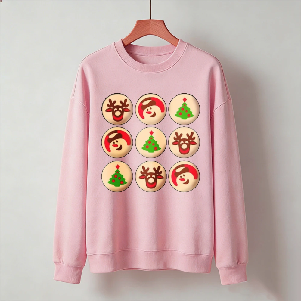 Cute Christmas Cookie Grid Reindeer Snowman Tree Cartoon Graphic Long Sleeve Pullover Casual Winter Sweet Xmas Holiday Party Top