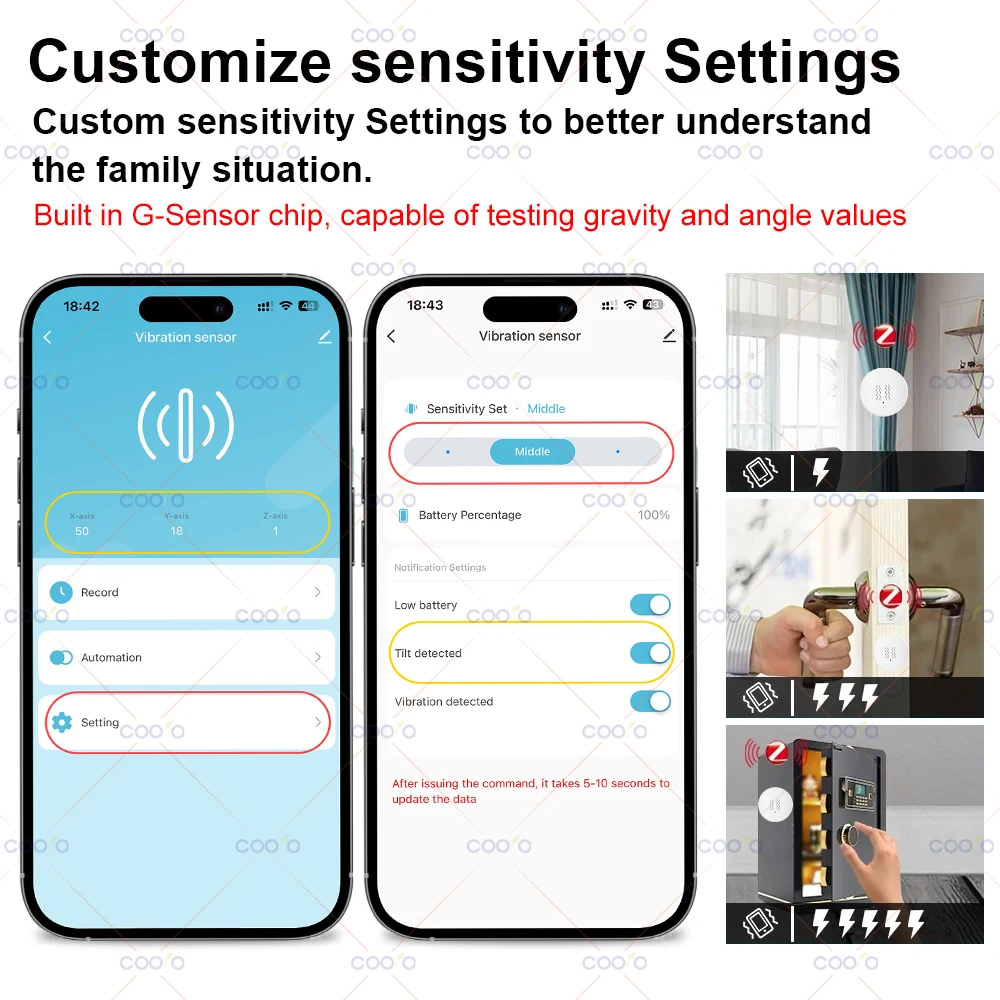 Tuya Zigbee Smart Trillingssensor Detectie Tilt XYZ-assensor SmartLife App-melding Real-Time Motion Shock Alarm Record