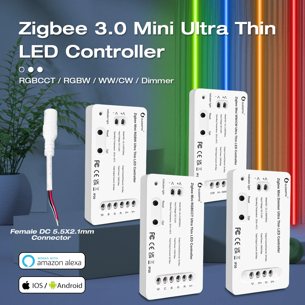 

Zigbee 3.0 Ultra Thin Mini LED Controller For RGB CCT DIM RGBW LED Strip Tuya Alexa Voice APP Controller Gledopto