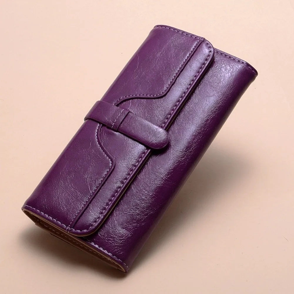 Oil Wax Leather Women Wallet Folding Large Capacity Long Clutch Bag Ultra Thin Portable Ladies Clutch Phone Carteiras