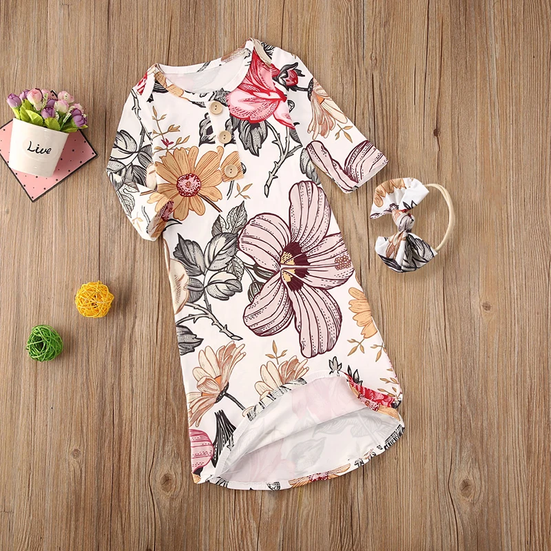 Newborn Floral Gowns Long Sleeve Baby Sleep Bag Newborn Clothes Baby Wearable Blanket with Headband for Girls