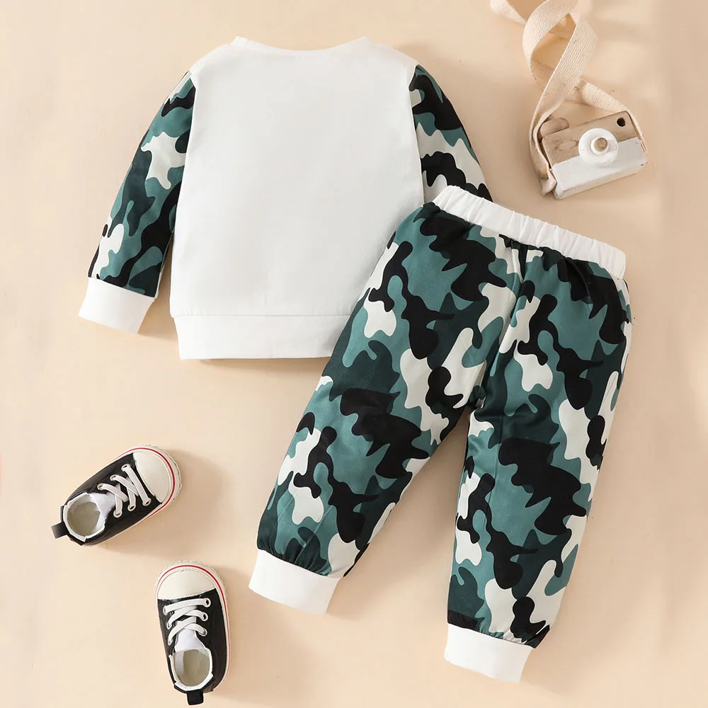 2024 Autumn 2pcs Baby Boy Clothes Camouflage Patchwork Long Sleeves Sweatshirt Elastic Waist Pants Casual Kids Sets