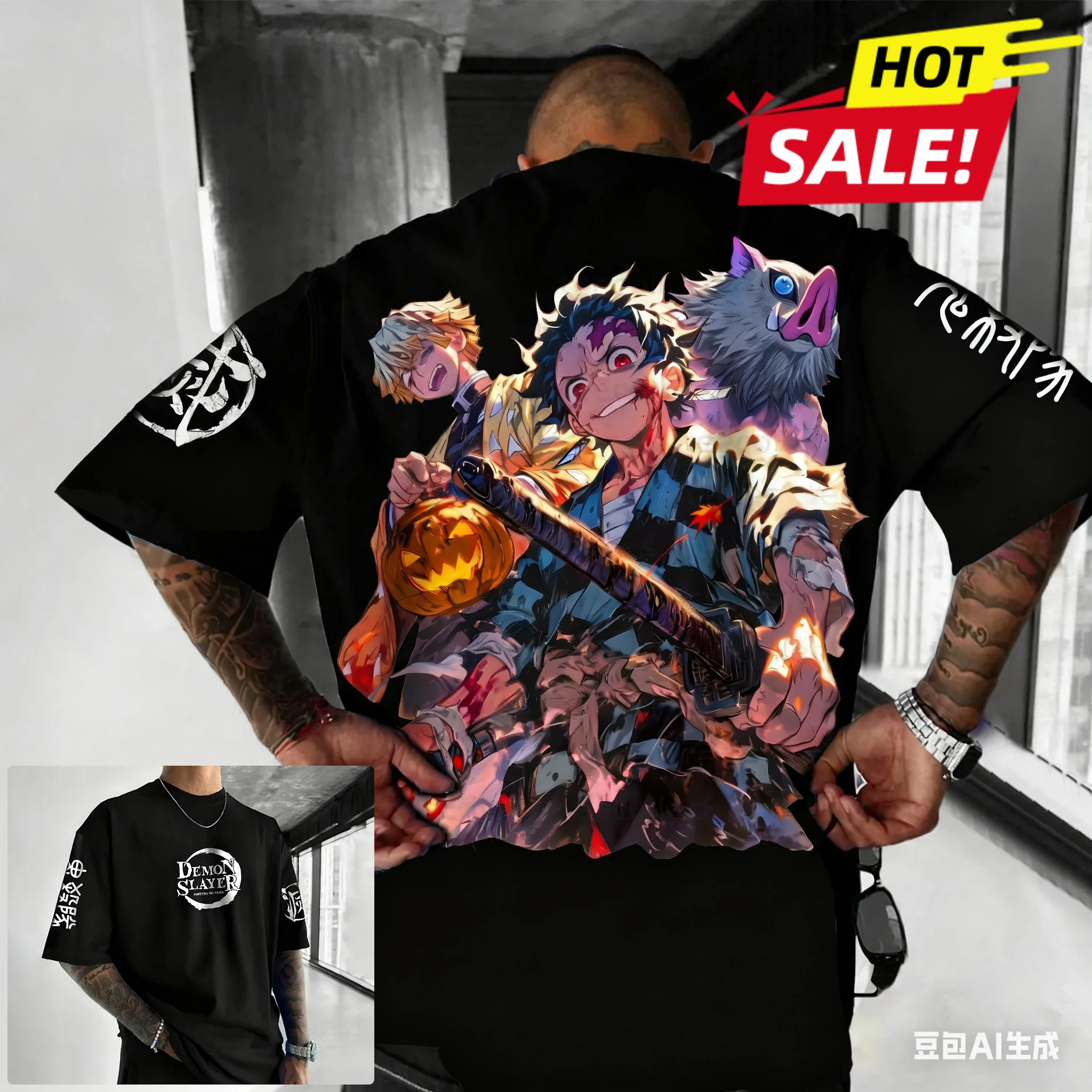 قميص Ghost Blade 2025 مطبوع عليه رسوم متحركة للهالوين على شكل يقطين ياباني فضفاض بكتف ساخن للرجال والنساء والكبار والأطفال