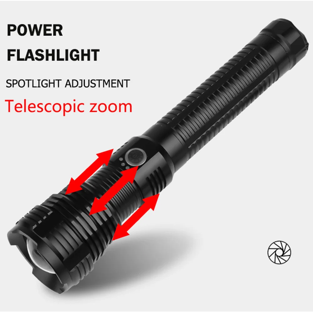 고출력 LED 손전등, USB 충전식 토치 라이트, 롱 샷, 초강력, 야외 하이킹, 캠핑 용품, 줌 랜턴