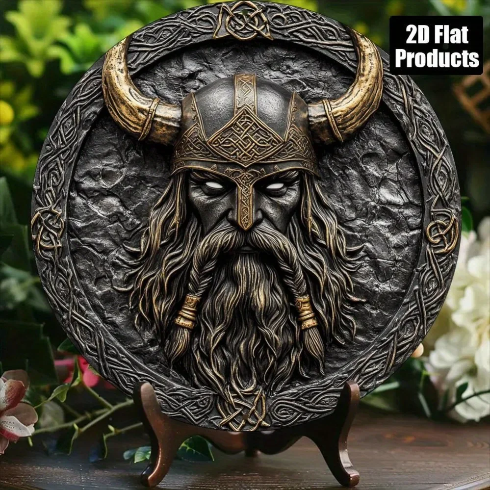 Vintage Viking Warrior Head Metal Wall Art, 2D Flat Round Celtic Knot Decorative Tin Sign, Retro Norse Mythology Horned Helmet B
