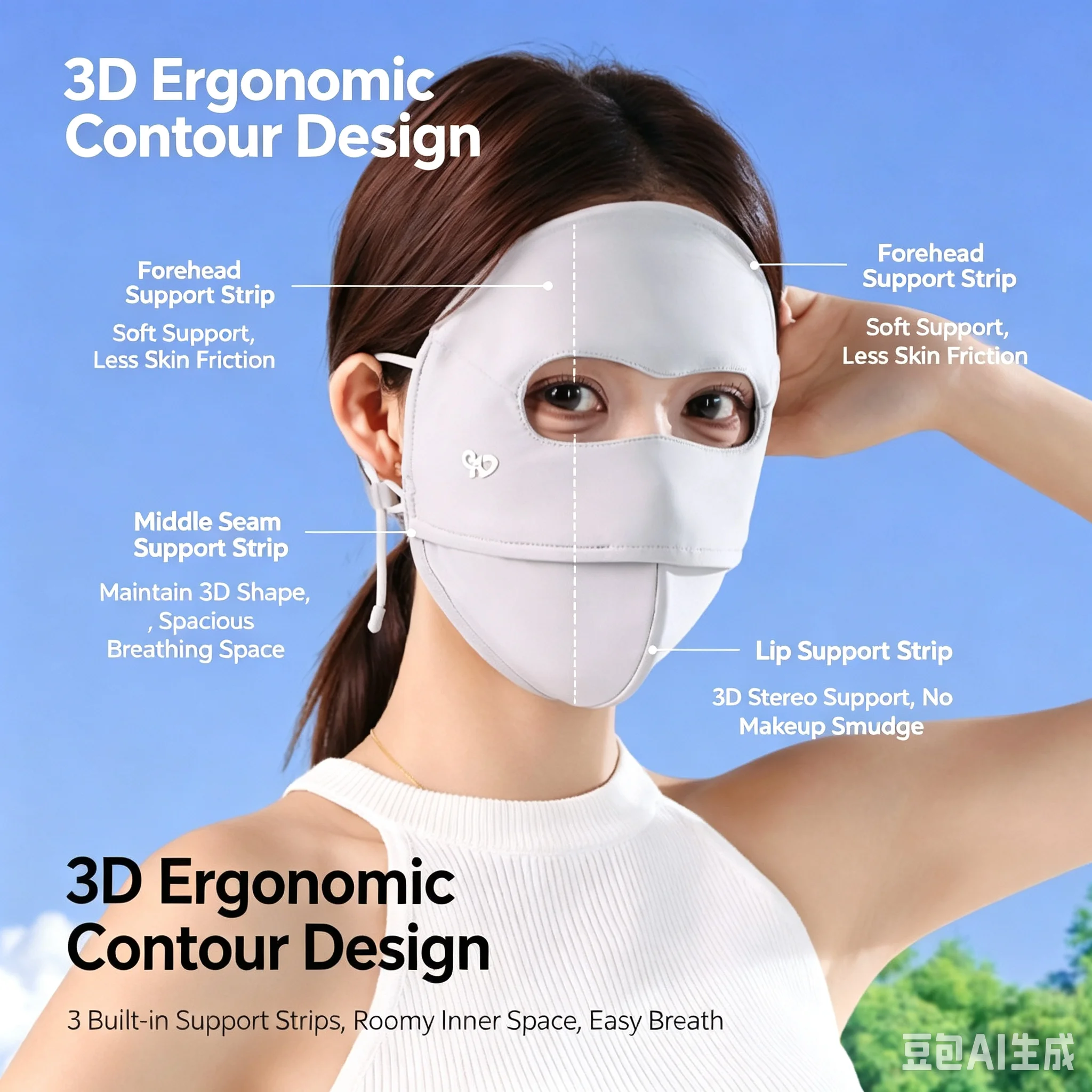 Summer Women Full Face Uv Protection Mask Upf100+ Cooling Ice Silk Sun Mask 3D Support Breathable Face Cover for Driving Cycling