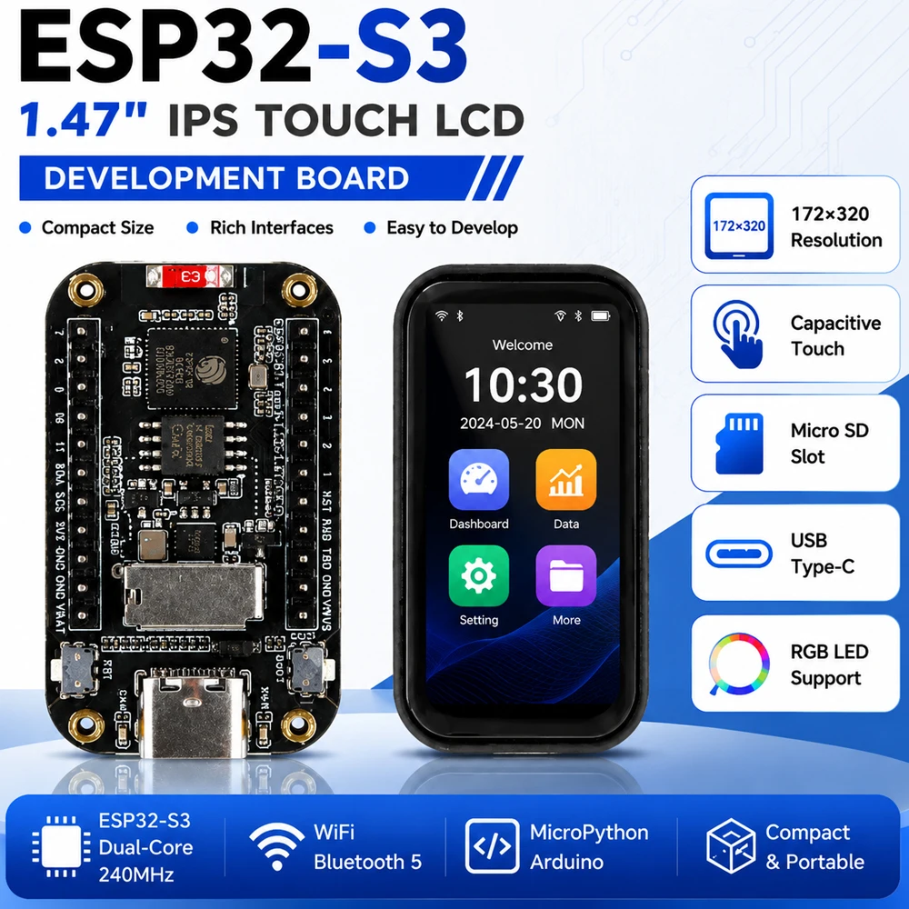 esp32-s3-147インチ-ipsタッチlcd開発ボード-172x320-静電容量式スクリーン-rgb-led-マイクロsdスロット-usb-type-c-arduino