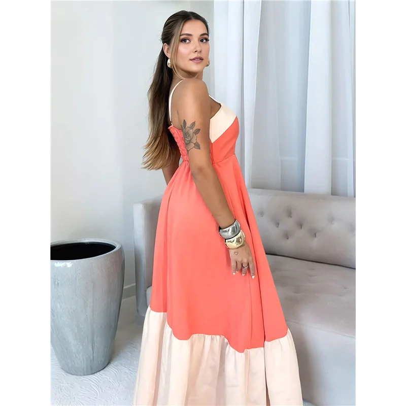 Women's Strap Dress Spring And Summer European And American Style Sleeveless Color Contrasting Long Dress