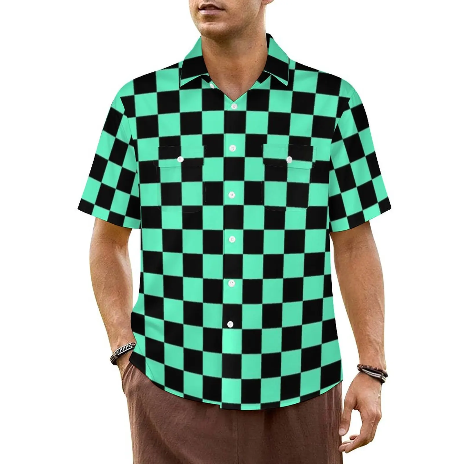 

Summer Shirt Vacation Checkerboard Blouses Green and Black Checkers Trendy Casual Shirts Men Short Sleeve Fashion Oversized Tops