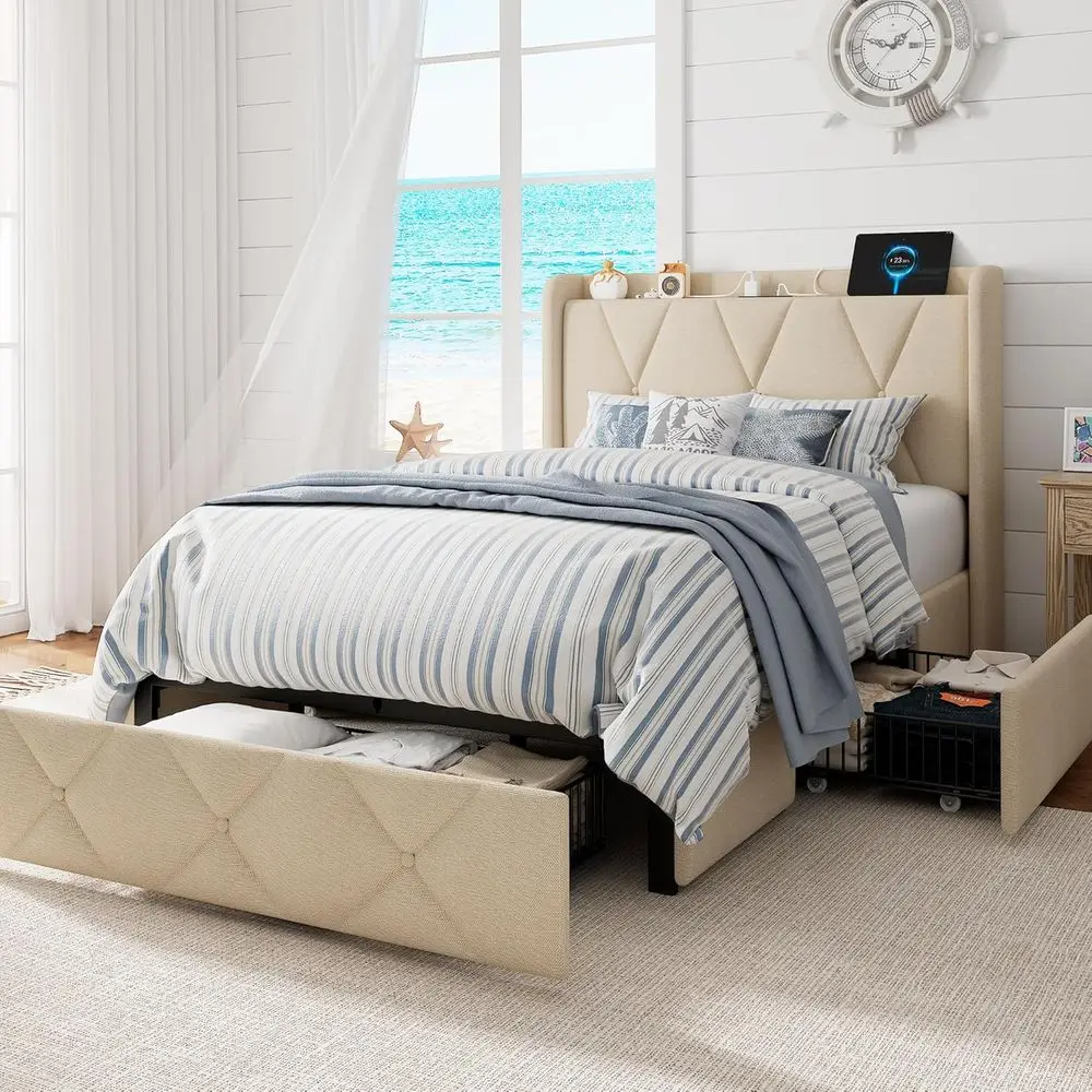 

Upholstered Twin Bed with 4 Drawers, Charging Station, Wingback Storage, Easy Assembly, Noise-Free, Beige