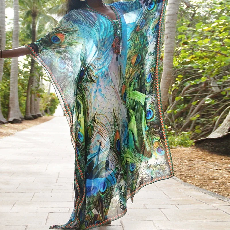 Peacock-Robe de plage en mousseline de soie pour femme, kimono, cover-up pour les maillots de bain, Industries ong, cardigan, bikini