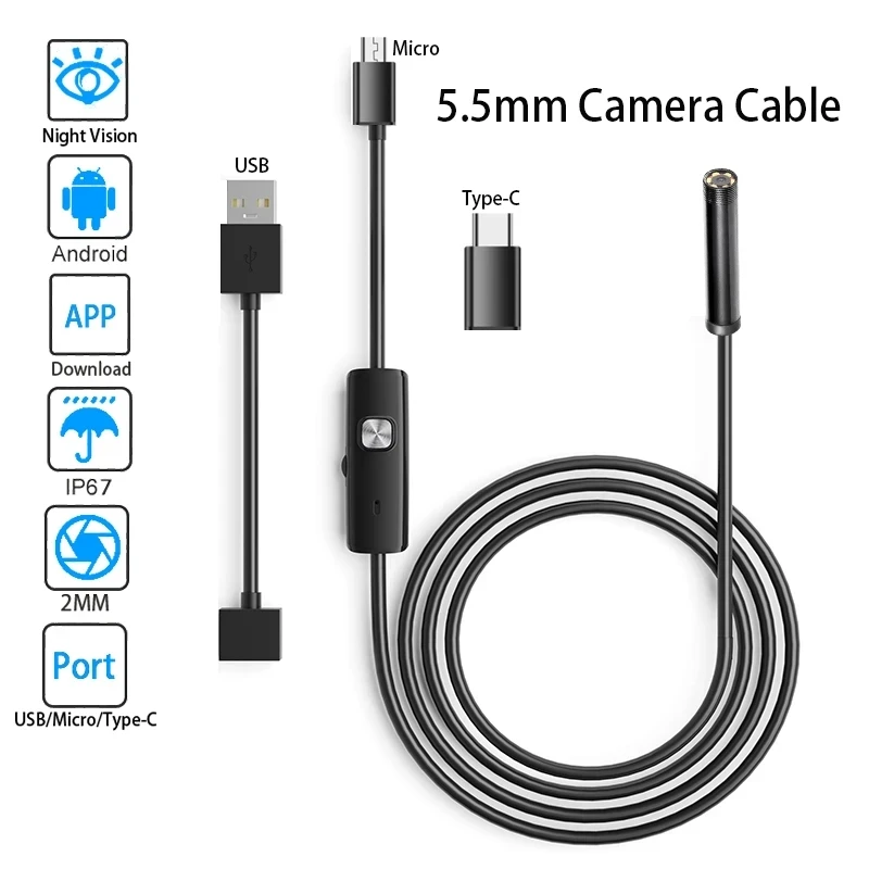 usb tipo c borescope snake camera para otg telefones android windows pc macbook inspecao de esgoto automotivo 3in 55 milimetros 70 milimetros 01