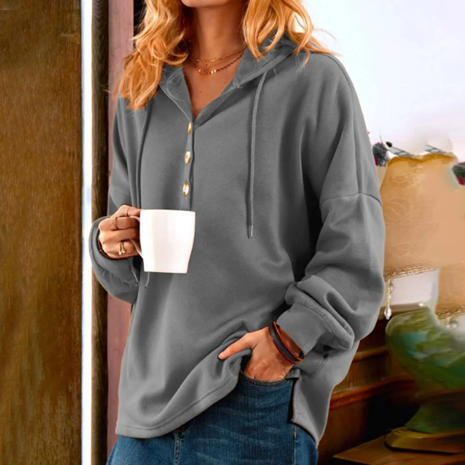 Casual Hoodie Women Fashion Long Sleeve Sweatshirt Autumn Button Pullover Drawstring Top Loose Solid Color Blouse Solid-Color T1