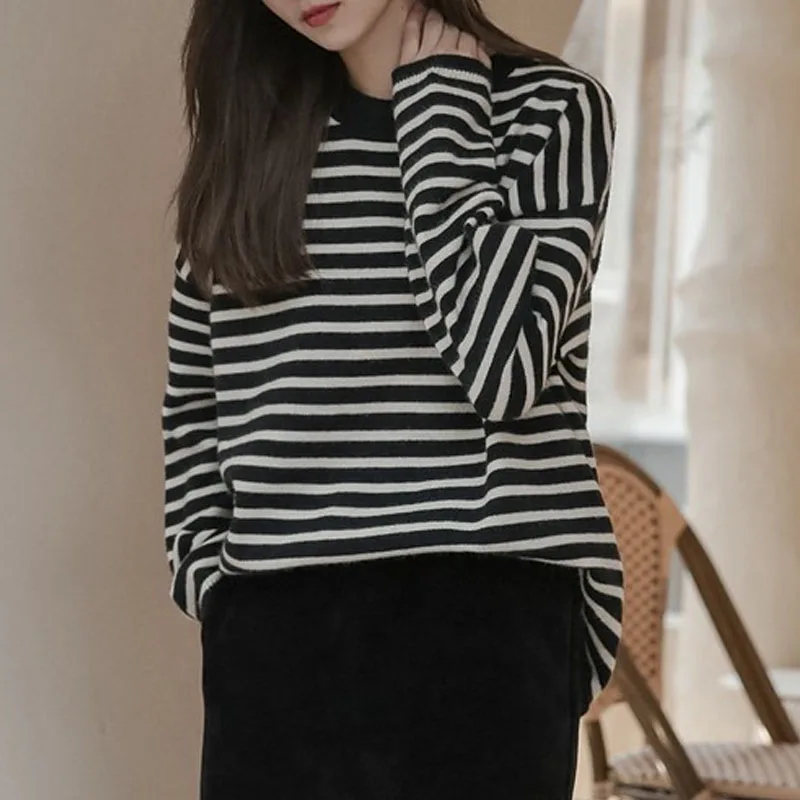 

Повседневный вязаный свитер с круглым вырезом, женские пуловеры, новые полосатые свитера с длинными рукавами, вязаный свитер, пуловер, женские топы, трикотажm Q2730