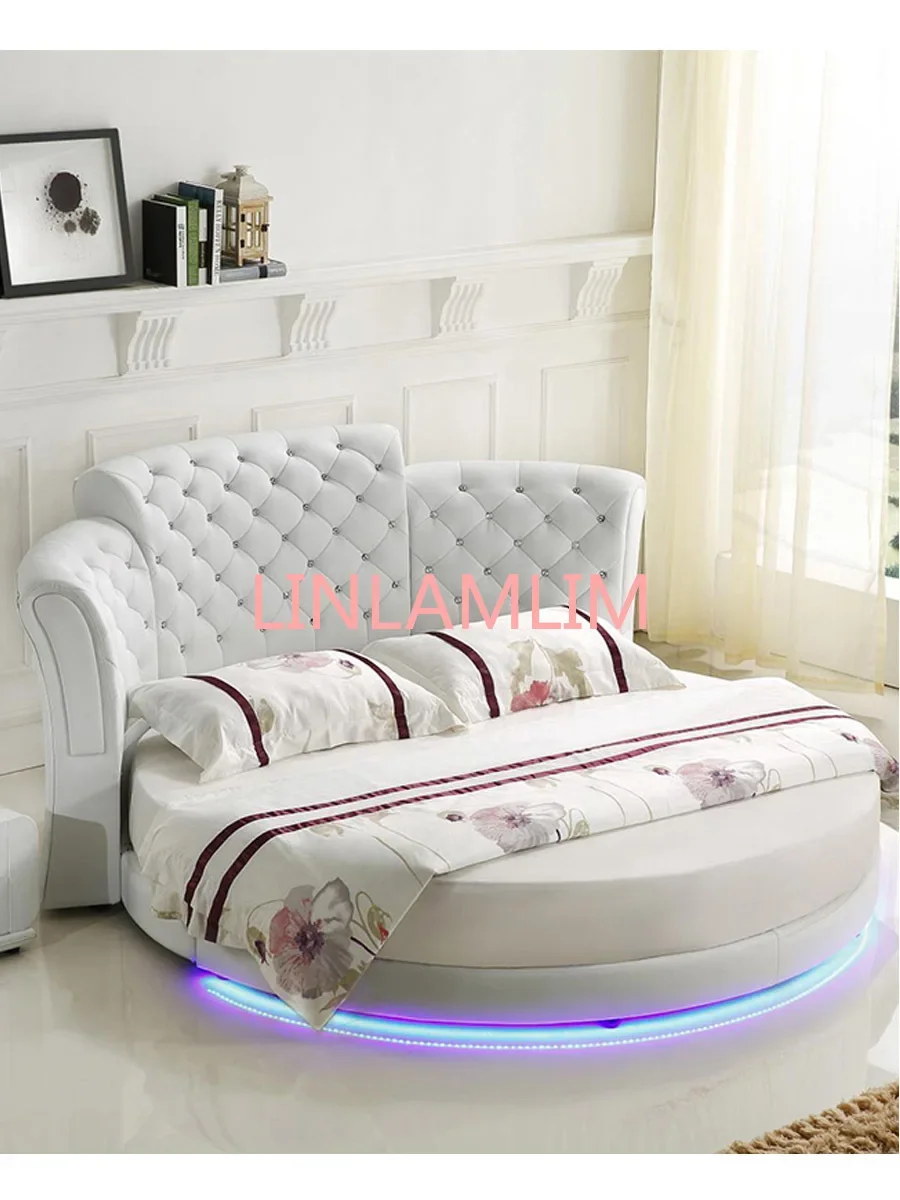 Smart bed frame camas bedroom кровать двуспальная lit beds سرير  muebles de dormitorio мебель LED light round genuine leather