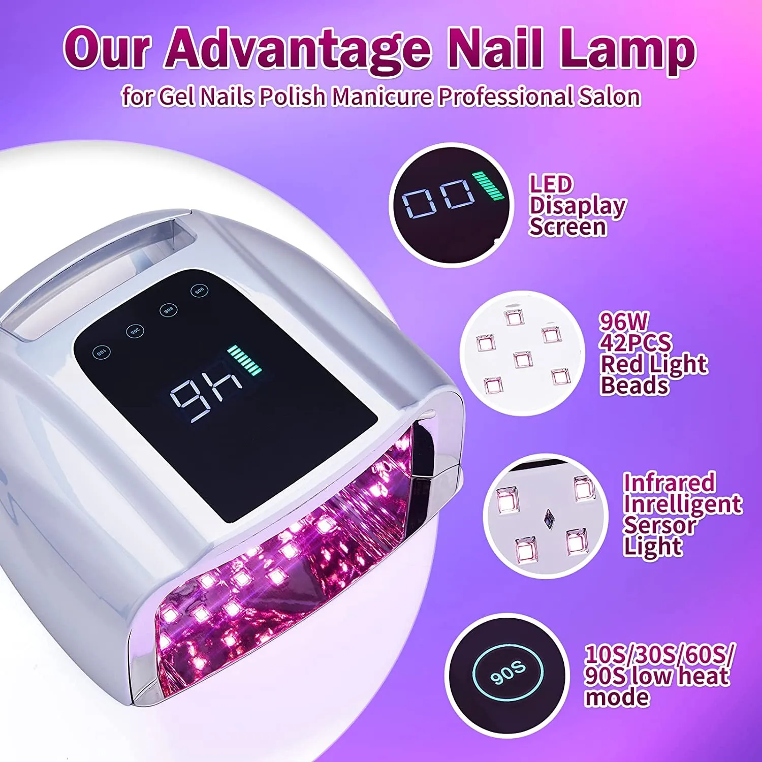 96W Mirror Reflective Nail Lamp with Metal Pad Cordless Manicure Dryer Wireless UV Light for Nails Rechargeable Nail UV LED Lamp