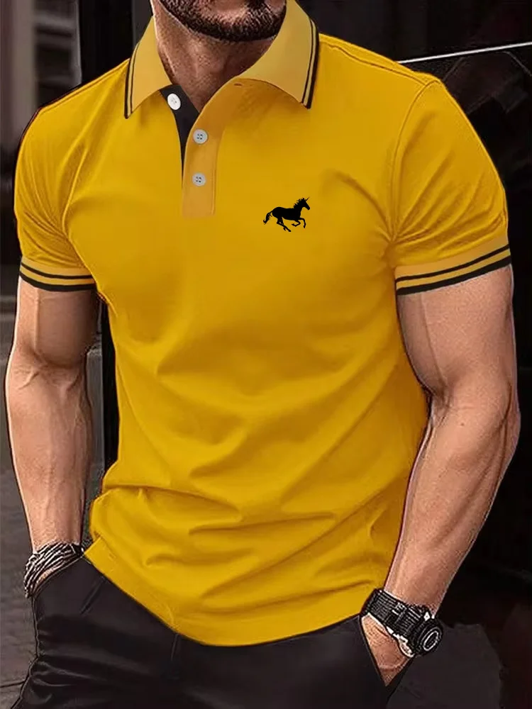 

Men's Casual Short Sleeve Polo Shirt with 3D Horse Print Striped Color Block Design Sporty Style Collared Golf Shirt for Summer