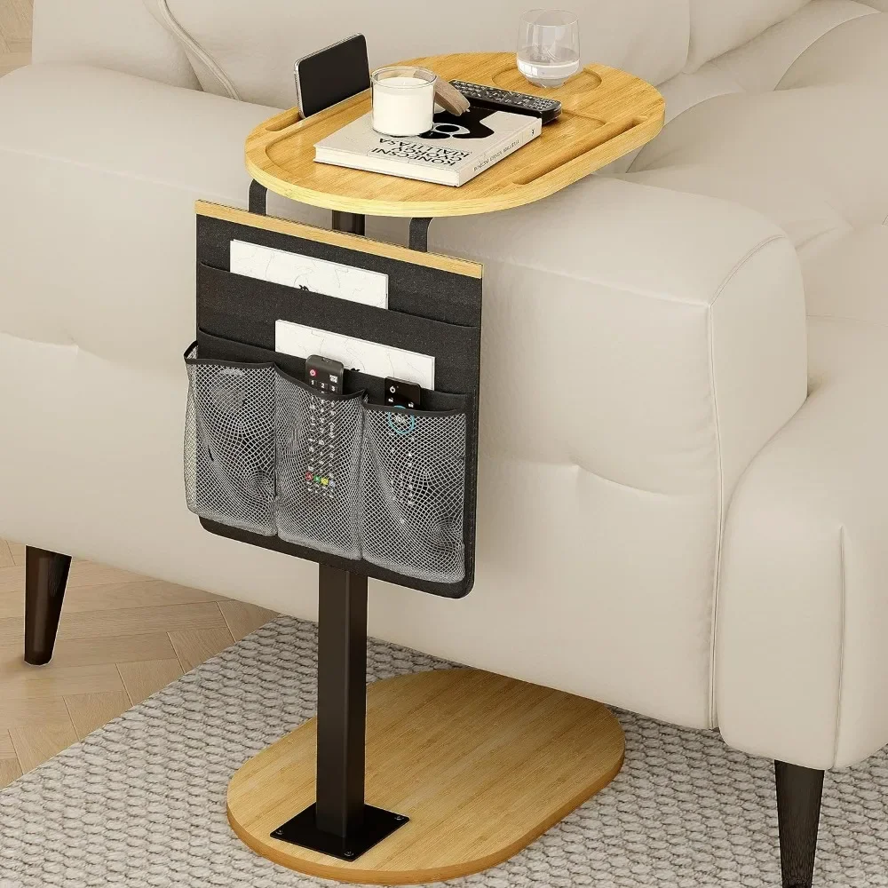 Couch Side Table with Adjustable Heights, Bamboo Sofa Tray Table with Storage Pocket, Liftable Couch Arm Tray Table