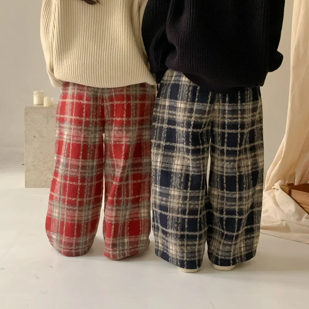 Girls Trousers 2024 Autumn Winter Korean Woolen Plaid Straight-leg Pants Boys and Girls Children Thickened Casual Wide-leg Plaid