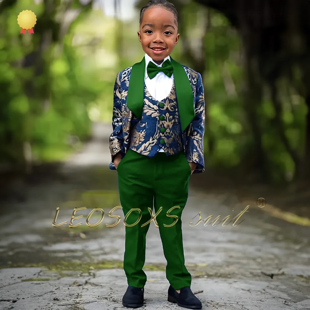 Boys Printed Wedding Tuxedo 3-piece Set-Children\'s Formal Jacket Set Dinner Suit Jacket Pants Vest Personalized Customization