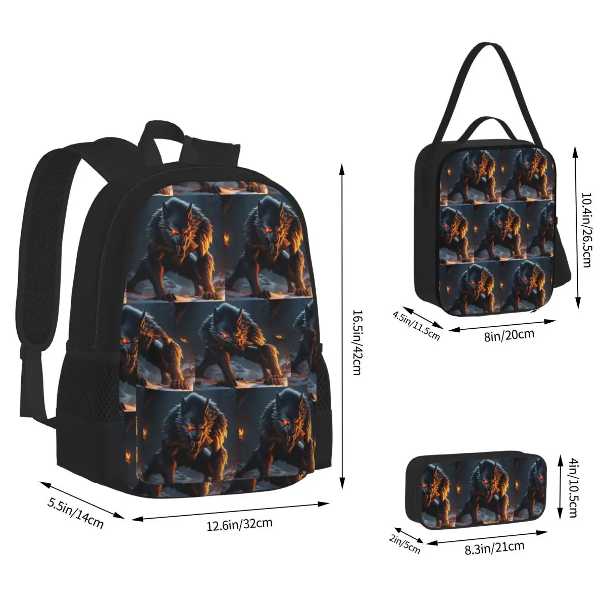 The Werewolf Backpacks Boys Girls Bookbag School Bags Kids Rucksack Lunch Bag Pen Bag Three-Piece Set