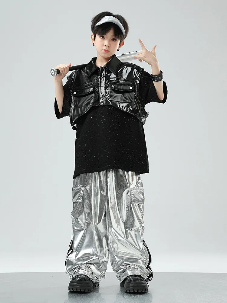 Jungen Hip Hop Leder Motorrad Weste Cargo Hosen Mädchen Weste Street Dance Jogger Kinder Ärmellose Jacke Kind Punk Kostüme
