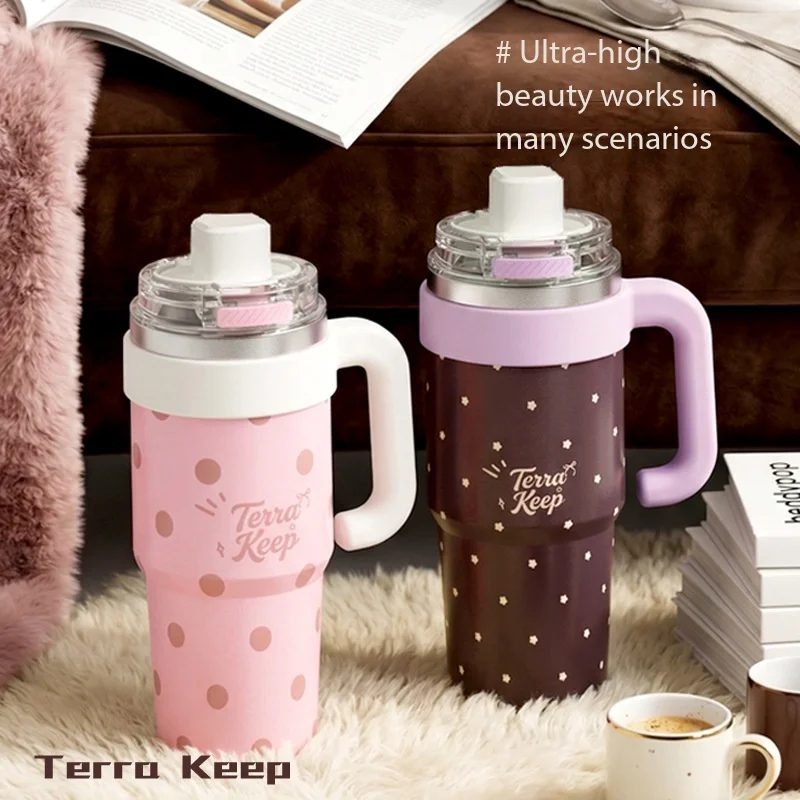 Ceramic-covered 316L liner ice cup, high-looking cartoon large-capacity double drink, cute thermos cup, car water cup, portable