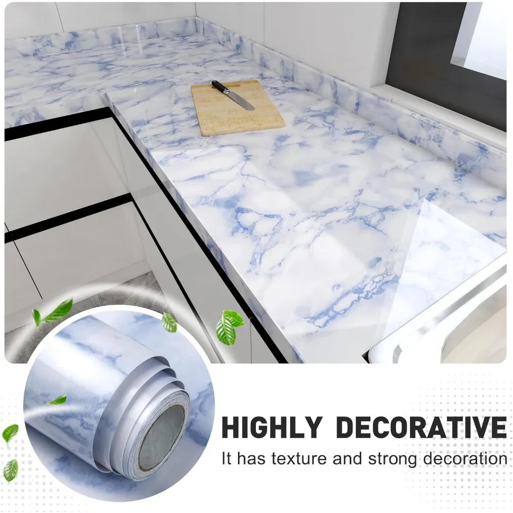 ورق جدران رخامي لامع مقاوم للماء وقابل للإزالة ذاتي اللصق لأسطح الكونترتوب والأثاث - تصميم قشر وعصا باللونين الأبيض والأزرق