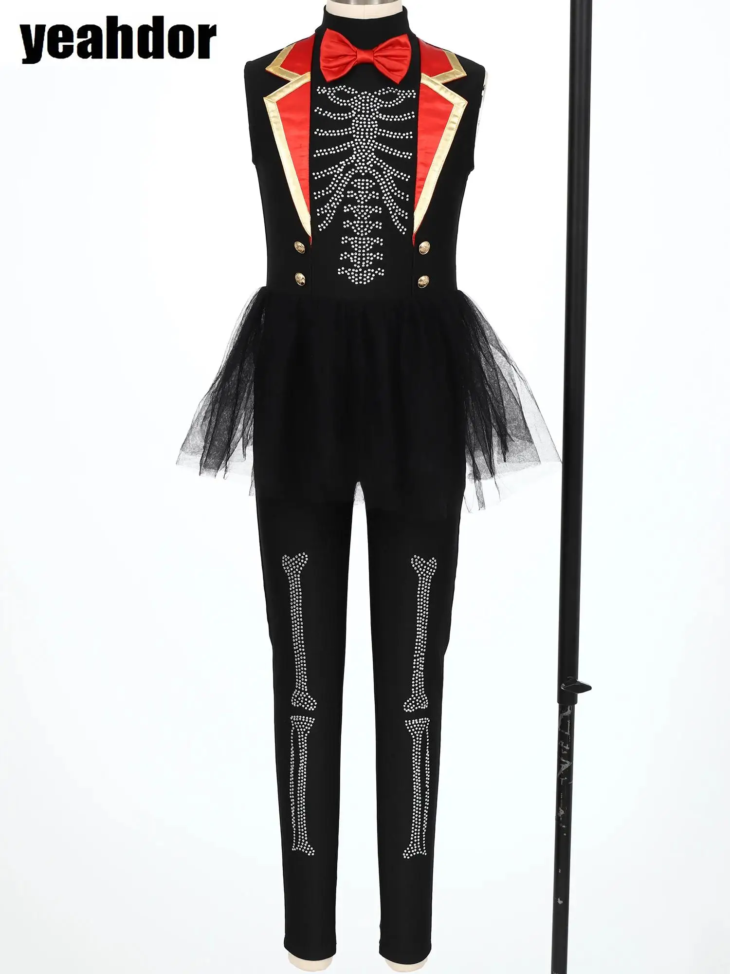 

Girls Circus Costume Halloween Ringmaster Jumpsuit Mock Neck Sleeveless Rhinestone Puffy Mesh Leotard Bodysuit Magician Dress Up